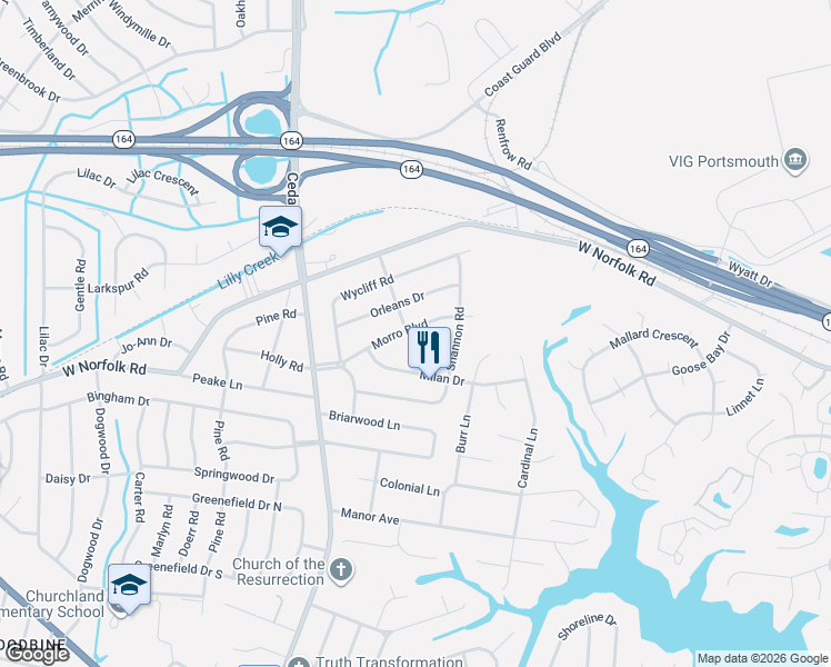 map of restaurants, bars, coffee shops, grocery stores, and more near 4905 Morro Boulevard in Portsmouth