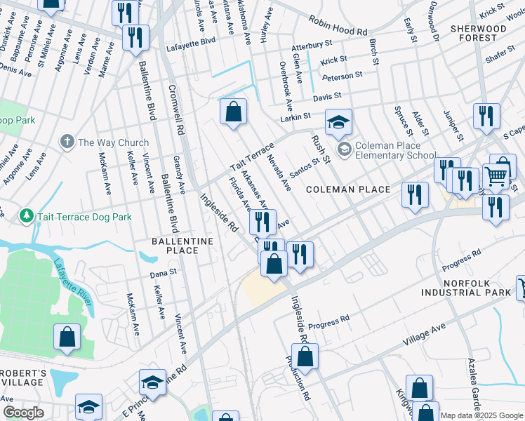map of restaurants, bars, coffee shops, grocery stores, and more near 2436 Florida Avenue in Norfolk