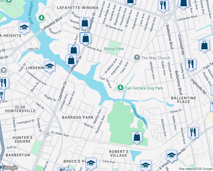map of restaurants, bars, coffee shops, grocery stores, and more near 2517 Tait Terrace in Norfolk