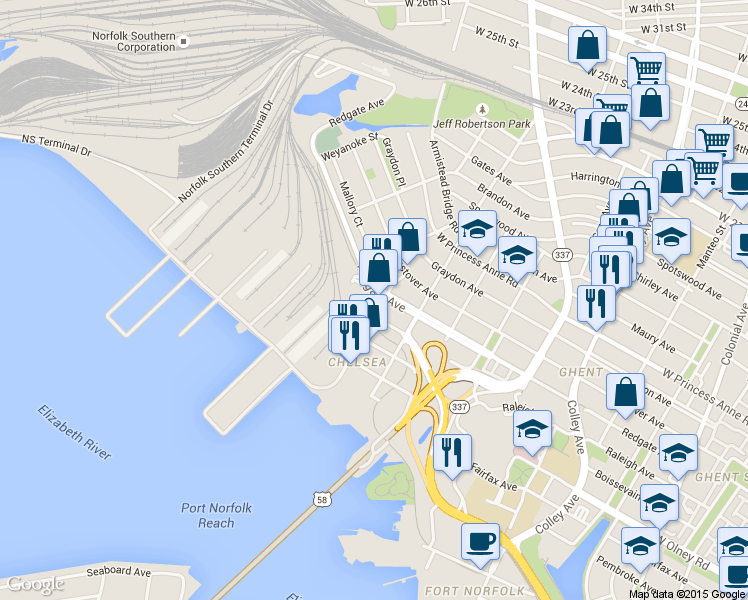map of restaurants, bars, coffee shops, grocery stores, and more near 911 Orapax Street in Norfolk