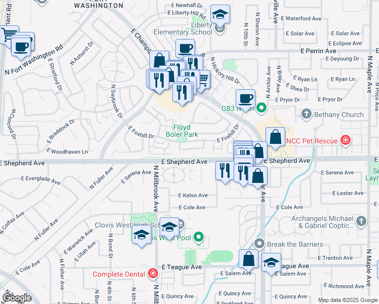 map of restaurants, bars, coffee shops, grocery stores, and more near 1145 East Woodhaven Lane in Fresno