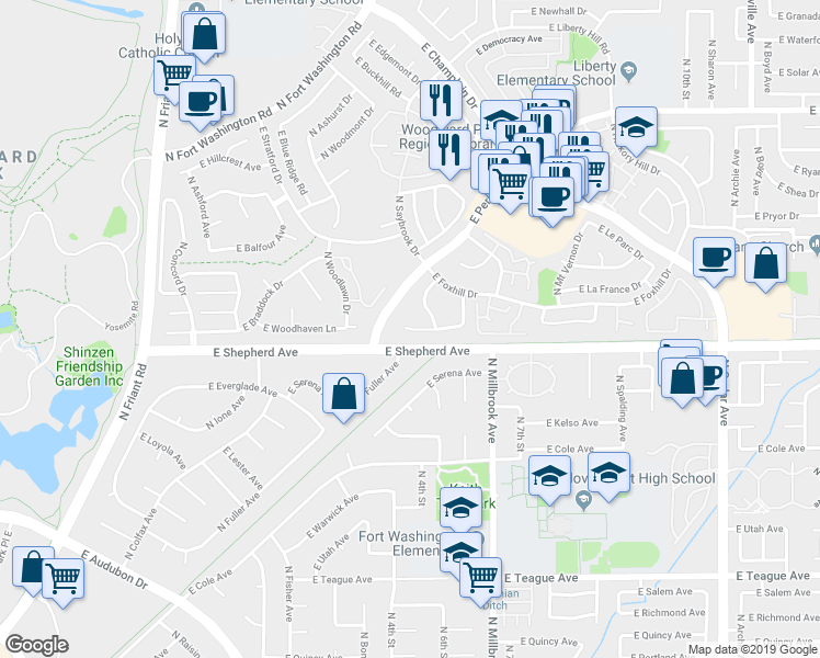 map of restaurants, bars, coffee shops, grocery stores, and more near 765 East Woodhaven Lane in Fresno