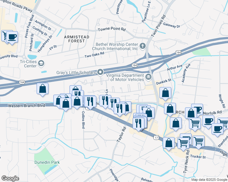 map of restaurants, bars, coffee shops, grocery stores, and more near 13 Willow Bend Court in Portsmouth