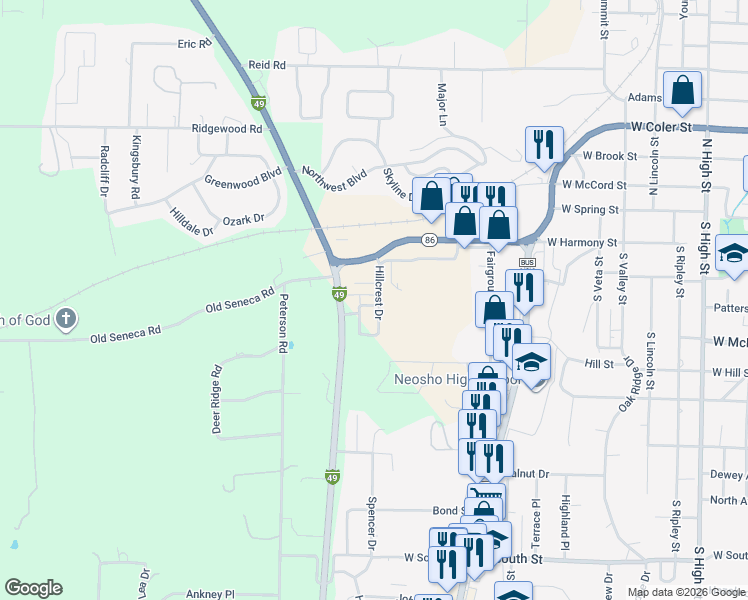 map of restaurants, bars, coffee shops, grocery stores, and more near 220 Hillcrest Drive in Neosho