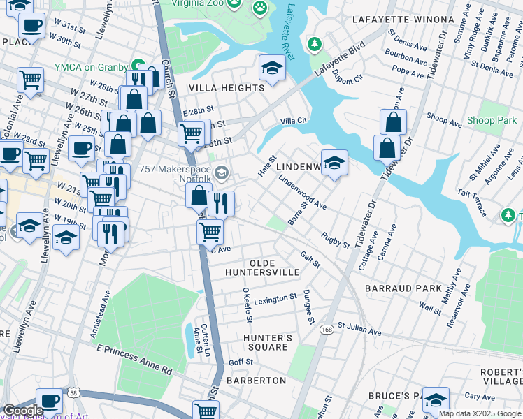 map of restaurants, bars, coffee shops, grocery stores, and more near 831 Pollard Street in Norfolk