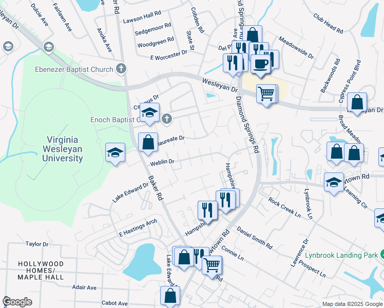 map of restaurants, bars, coffee shops, grocery stores, and more near 830 North Buckingham Court in Virginia Beach