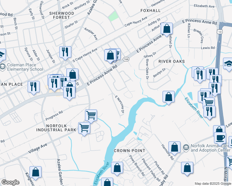 map of restaurants, bars, coffee shops, grocery stores, and more near 1388 East Norcova Drive in Norfolk