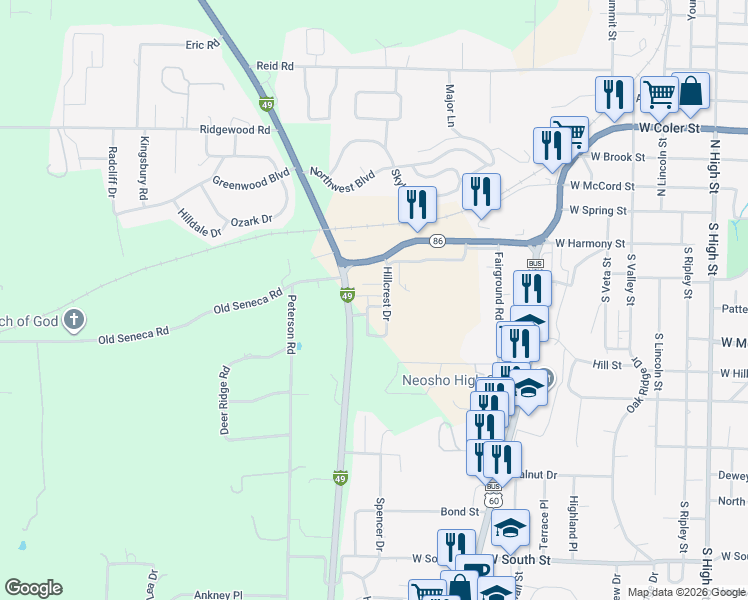 map of restaurants, bars, coffee shops, grocery stores, and more near 220 Hillcrest Drive in Neosho