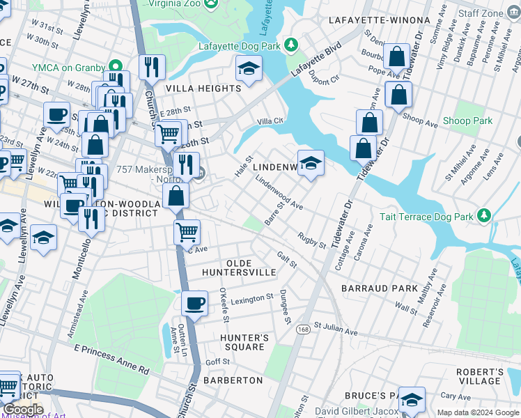 map of restaurants, bars, coffee shops, grocery stores, and more near 907 Rugby Street in Norfolk