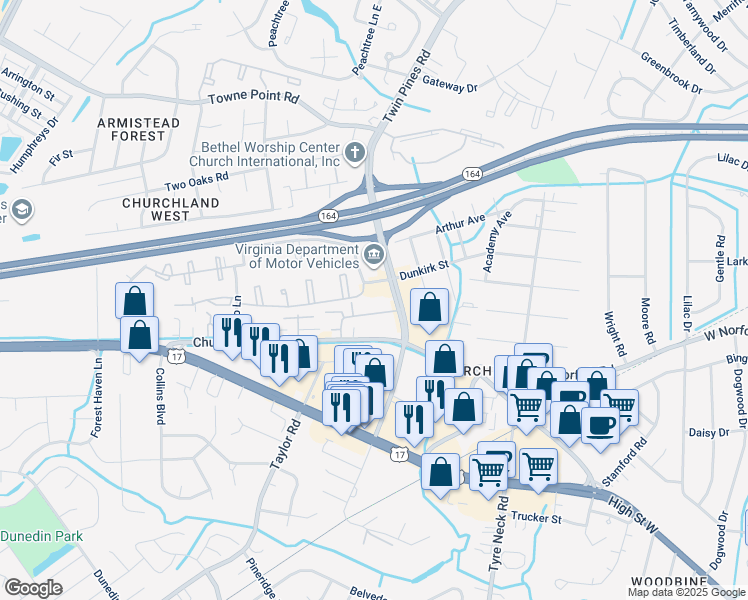 map of restaurants, bars, coffee shops, grocery stores, and more near 3509 Towne Point Road in Portsmouth