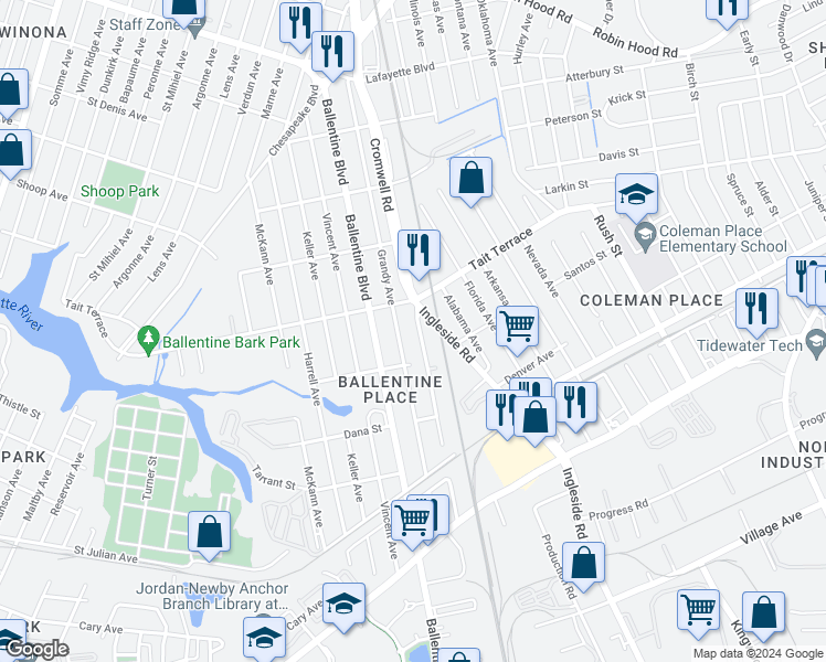 map of restaurants, bars, coffee shops, grocery stores, and more near 2525 Cromwell Road in Norfolk