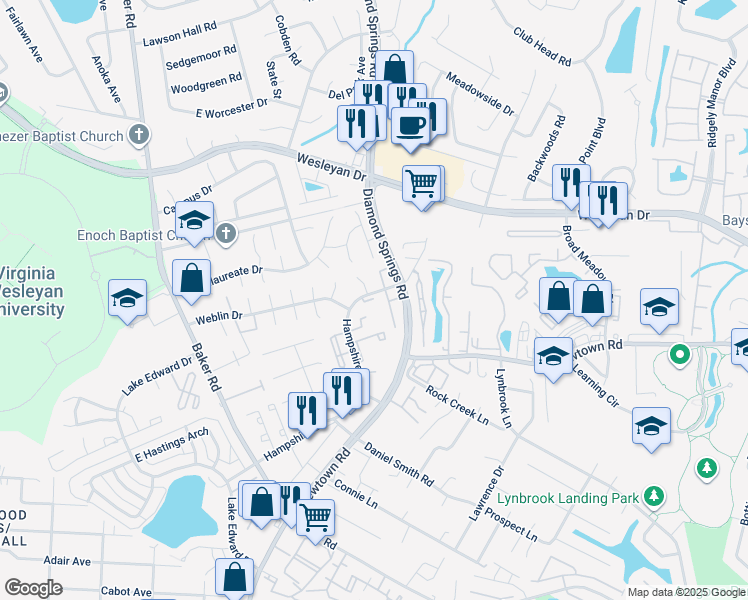 map of restaurants, bars, coffee shops, grocery stores, and more near 772 Hampshire Lane in Virginia Beach
