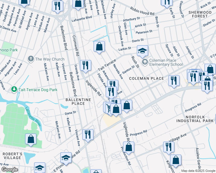 map of restaurants, bars, coffee shops, grocery stores, and more near 2436 Florida Avenue in Norfolk