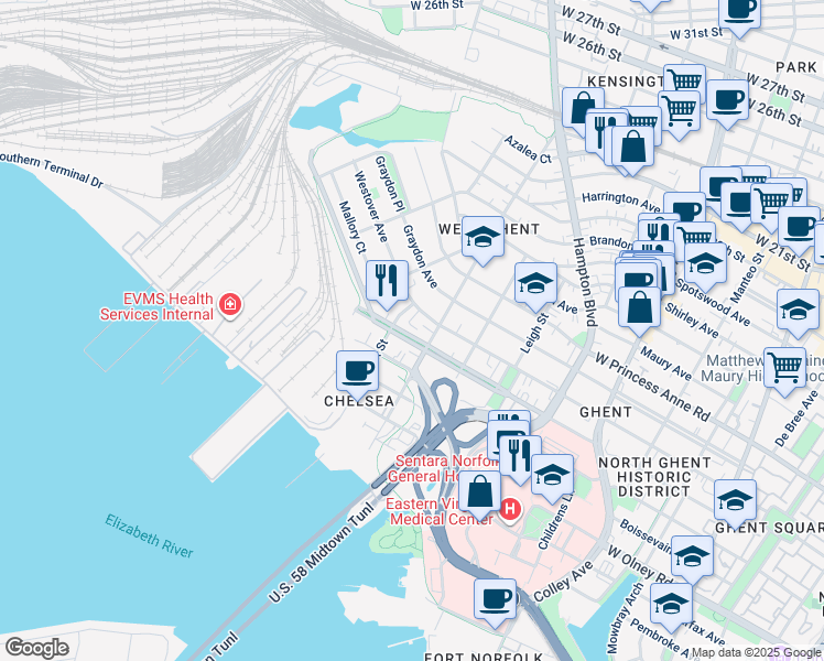 map of restaurants, bars, coffee shops, grocery stores, and more near 1214 Redgate Avenue in Norfolk