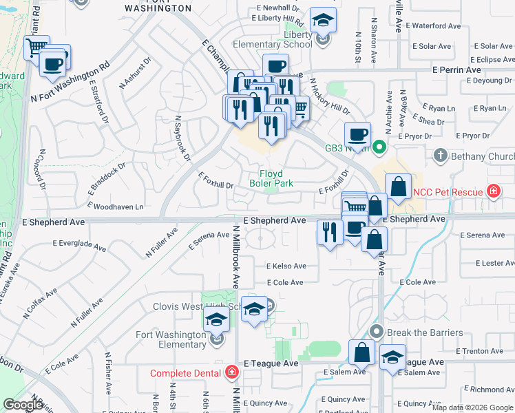 map of restaurants, bars, coffee shops, grocery stores, and more near 991 East Foxhill Drive in Fresno