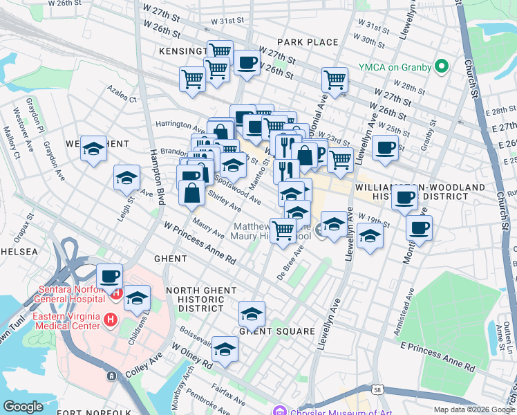 map of restaurants, bars, coffee shops, grocery stores, and more near 535 Spotswood Avenue in Norfolk