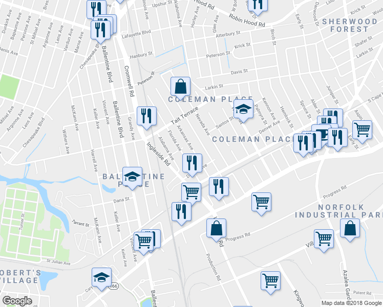 map of restaurants, bars, coffee shops, grocery stores, and more near 2436 Florida Avenue in Norfolk