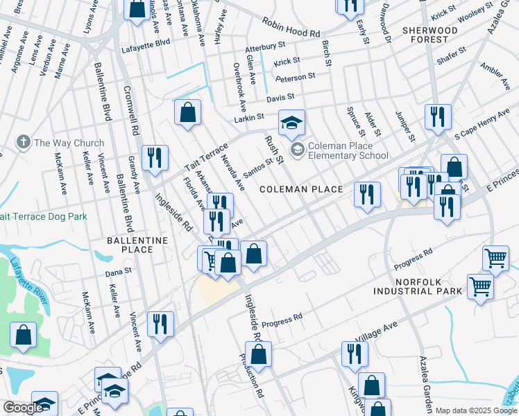 map of restaurants, bars, coffee shops, grocery stores, and more near 2326 Nevada Avenue in Norfolk