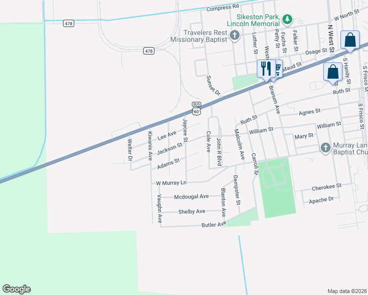 map of restaurants, bars, coffee shops, grocery stores, and more near 304 Jaycee Street in Sikeston