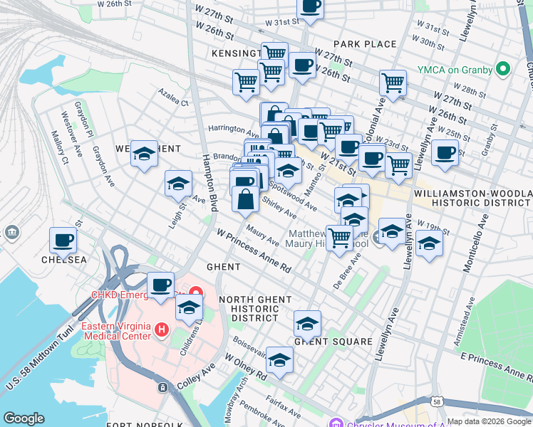 map of restaurants, bars, coffee shops, grocery stores, and more near 732 Baldwin Avenue in Norfolk
