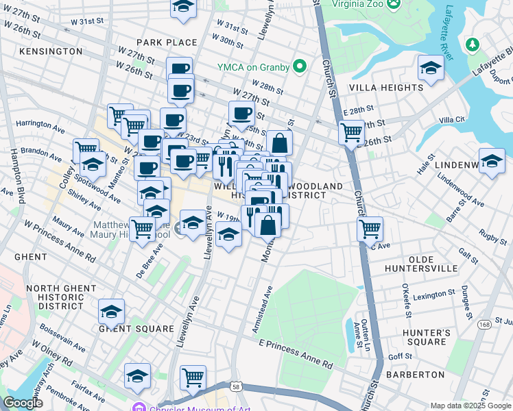 map of restaurants, bars, coffee shops, grocery stores, and more near 100 West 20th Street in Norfolk