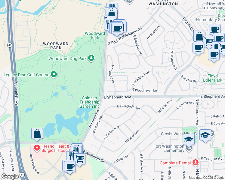 map of restaurants, bars, coffee shops, grocery stores, and more near 306 East Braddock Drive in Fresno
