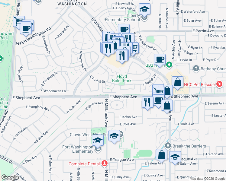 map of restaurants, bars, coffee shops, grocery stores, and more near 991 East Foxhill Drive in Fresno