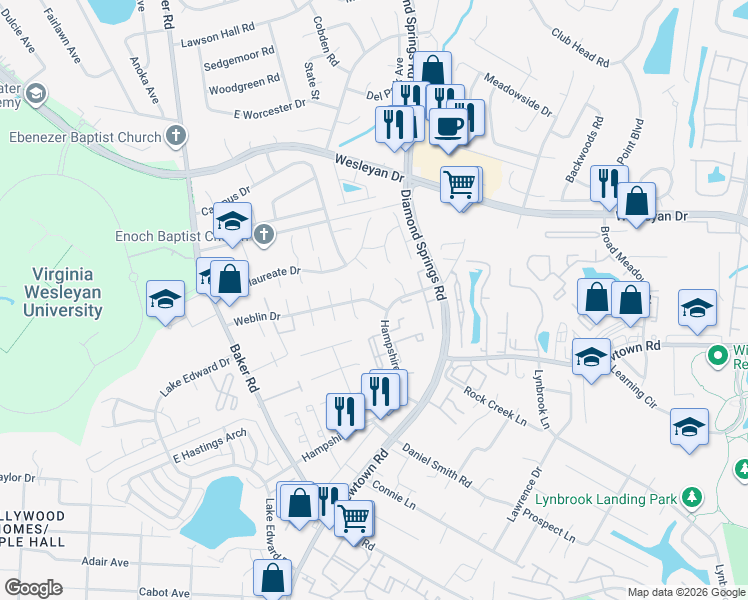 map of restaurants, bars, coffee shops, grocery stores, and more near 5742 Weblin Drive in Virginia Beach