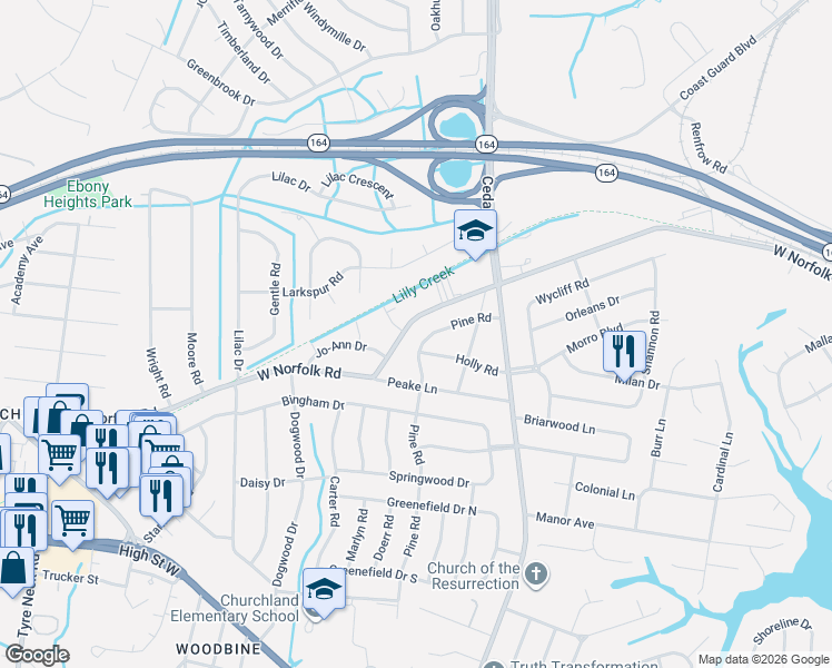 map of restaurants, bars, coffee shops, grocery stores, and more near 5200 West Norfolk Road in Portsmouth