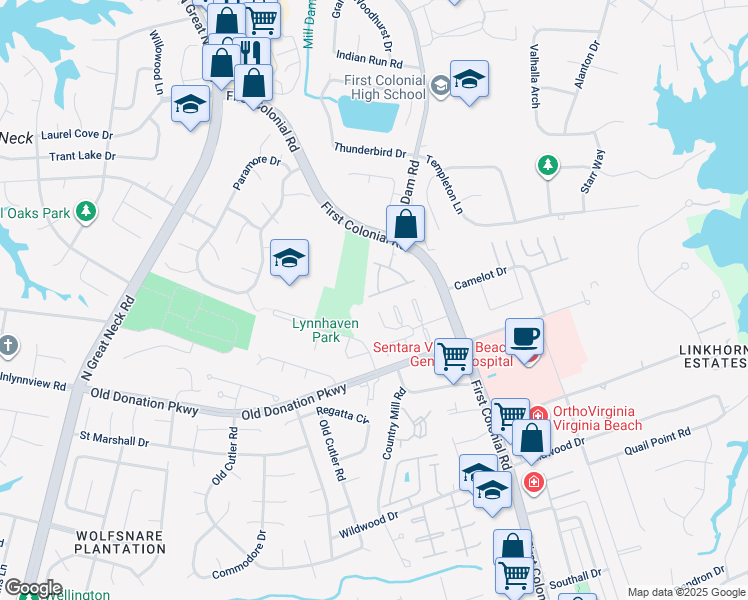 map of restaurants, bars, coffee shops, grocery stores, and more near 1034 Collection Creek Way in Virginia Beach