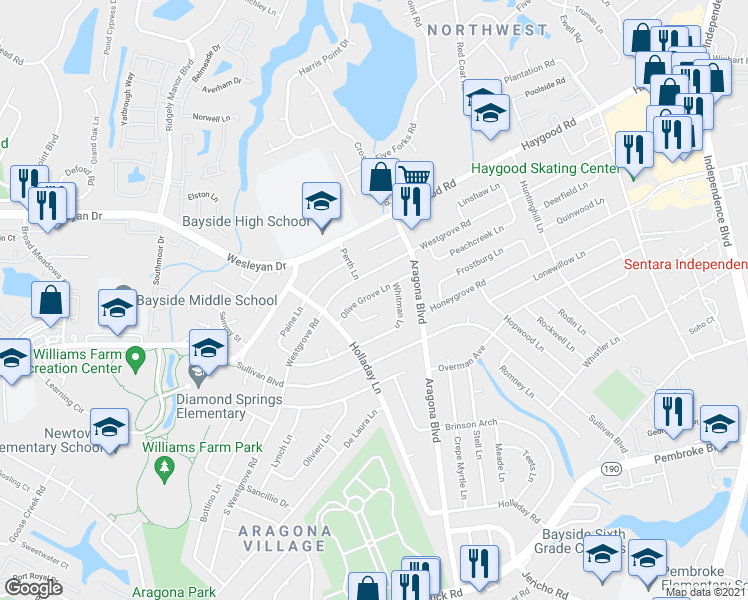 map of restaurants, bars, coffee shops, grocery stores, and more near 4929 Olive Grove Lane in Virginia Beach