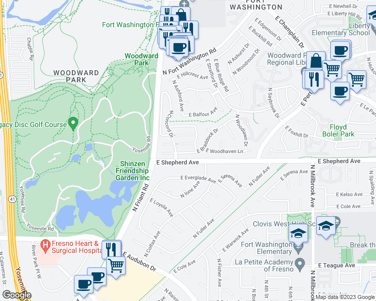 map of restaurants, bars, coffee shops, grocery stores, and more near 388 East Braddock Drive in Fresno