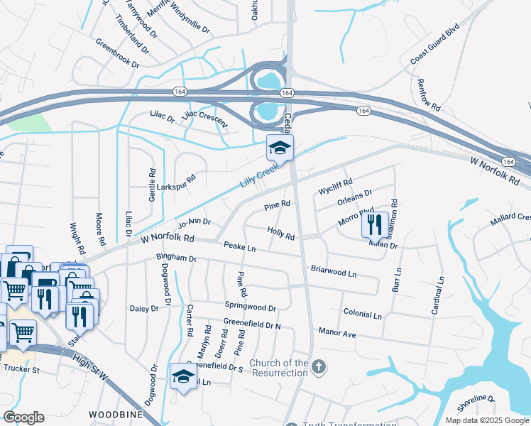 map of restaurants, bars, coffee shops, grocery stores, and more near 3821 Pine Road in Portsmouth