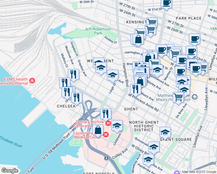 map of restaurants, bars, coffee shops, grocery stores, and more near 1010 Graydon Avenue in Norfolk