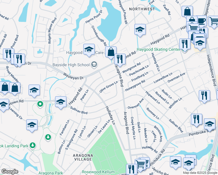 map of restaurants, bars, coffee shops, grocery stores, and more near 4929 Olive Grove Lane in Virginia Beach