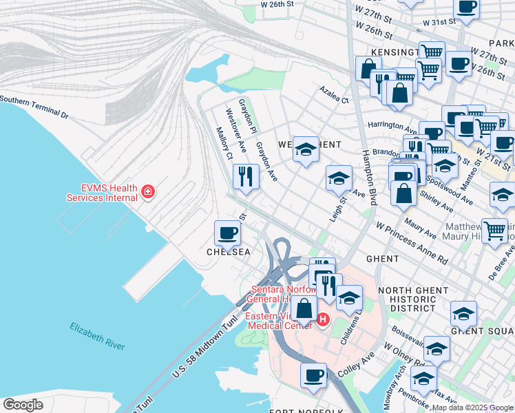 map of restaurants, bars, coffee shops, grocery stores, and more near 1214 Redgate Avenue in Norfolk
