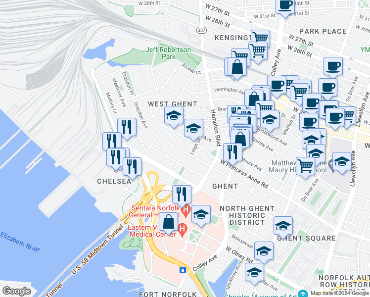 map of restaurants, bars, coffee shops, grocery stores, and more near 1012 Graydon Avenue in Norfolk