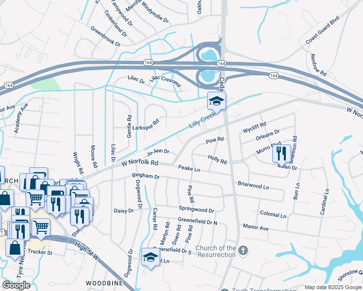 map of restaurants, bars, coffee shops, grocery stores, and more near 5200 West Norfolk Road in Portsmouth