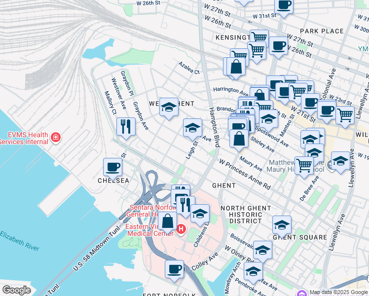 map of restaurants, bars, coffee shops, grocery stores, and more near 1012 Graydon Avenue in Norfolk