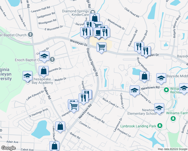 map of restaurants, bars, coffee shops, grocery stores, and more near 709 Gemstone Lane in Virginia Beach