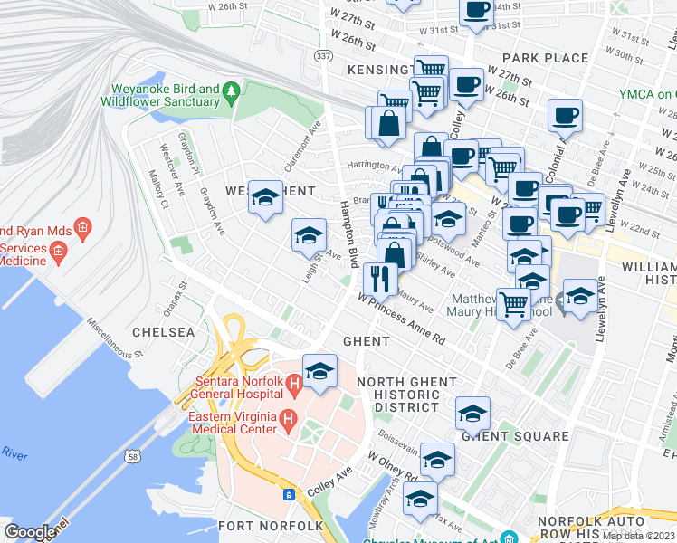 map of restaurants, bars, coffee shops, grocery stores, and more near 1209 Hampton Boulevard in Norfolk