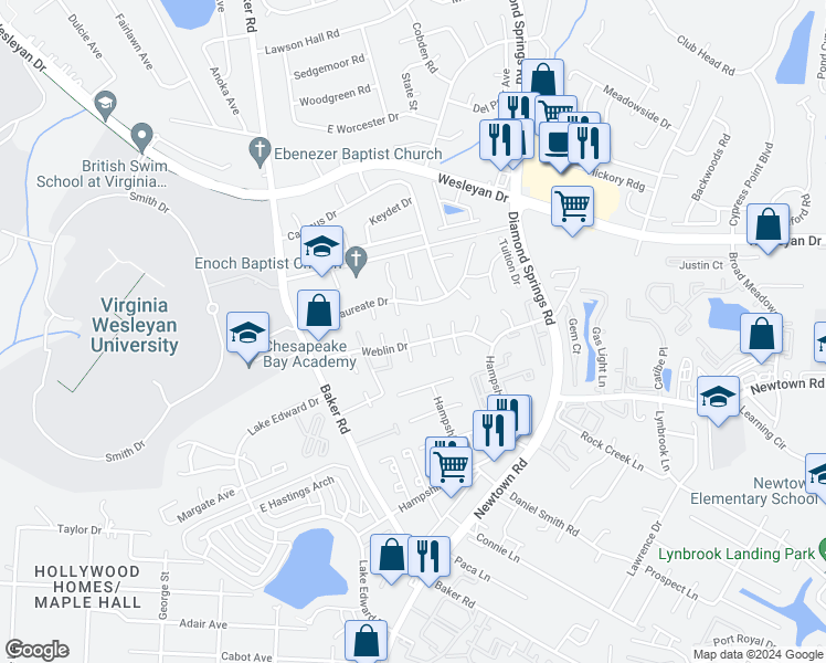 map of restaurants, bars, coffee shops, grocery stores, and more near 834 North Buckingham Court in Virginia Beach