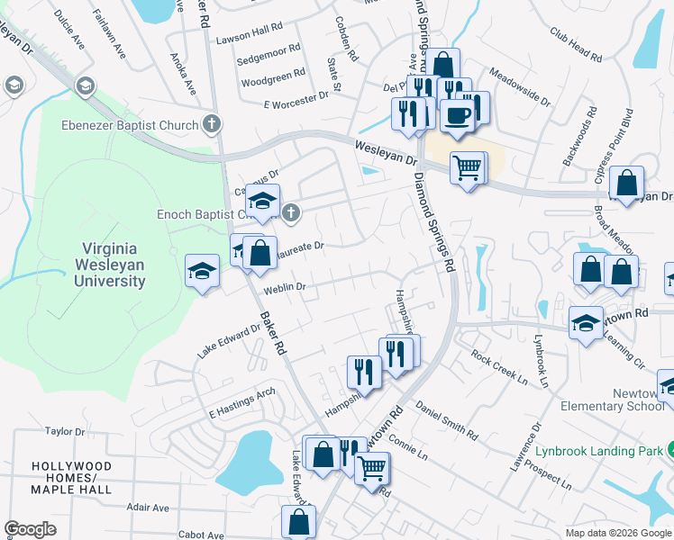 map of restaurants, bars, coffee shops, grocery stores, and more near 830 North Buckingham Court in Virginia Beach