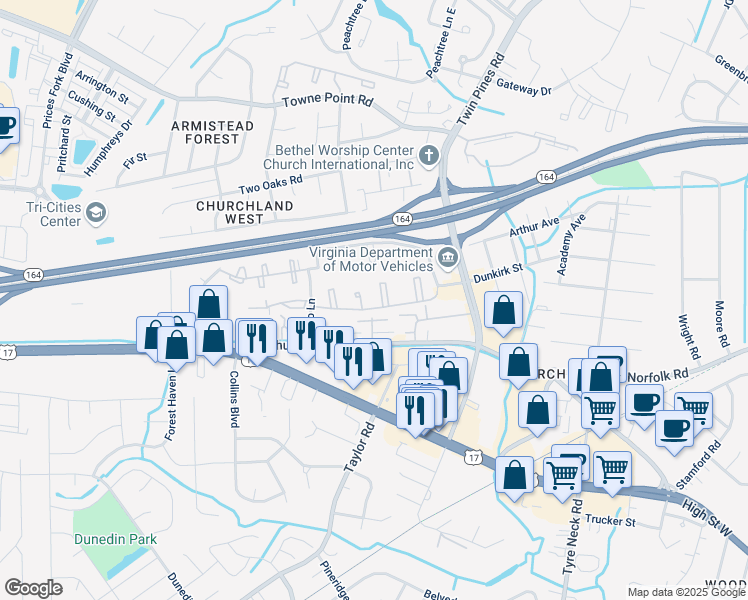 map of restaurants, bars, coffee shops, grocery stores, and more near 44 River Green Court in Portsmouth