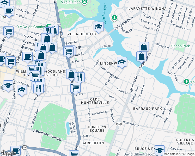 map of restaurants, bars, coffee shops, grocery stores, and more near 834 Pollard Street in Norfolk