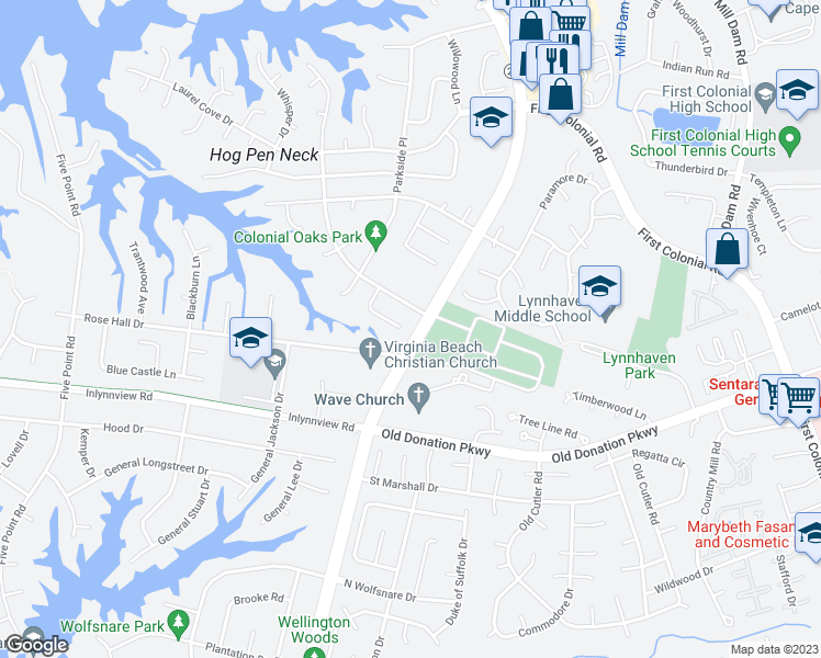 map of restaurants, bars, coffee shops, grocery stores, and more near 1212 Whispering Waters Way in Virginia Beach
