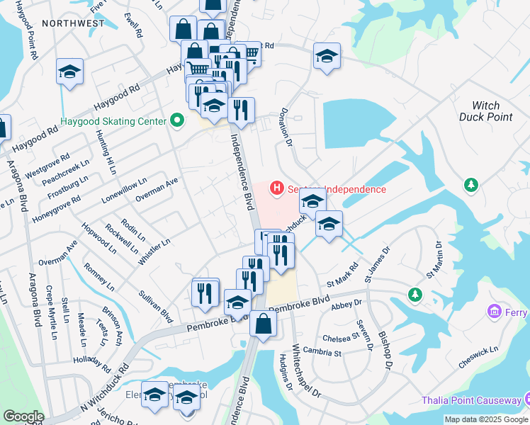 map of restaurants, bars, coffee shops, grocery stores, and more near 816 Independence Boulevard in Virginia Beach