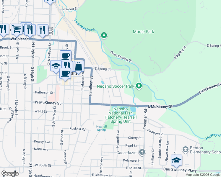 map of restaurants, bars, coffee shops, grocery stores, and more near 311 Saint James in Neosho