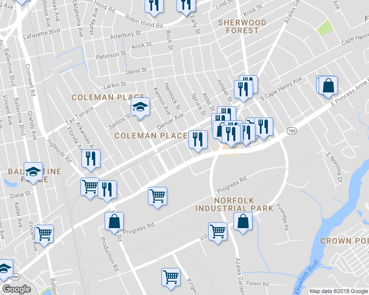 map of restaurants, bars, coffee shops, grocery stores, and more near 1531 Kennon Avenue in Norfolk