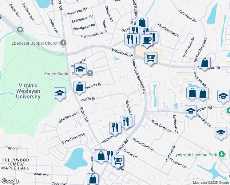map of restaurants, bars, coffee shops, grocery stores, and more near 803 Dora Court in Virginia Beach